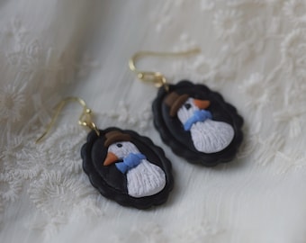 Goose earrings vintage style framed black dangle jewelry Top hat and blue bow gentleman goose portrait earrings