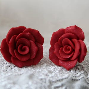 Red Rose Earrings, Vintage Hollywood, Red Rose Studs,  Flower Earrings, Romantic Earrings, Valentine Gift For Her Red Wedding Jewelry
