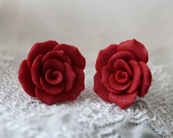 Red Rose Earrings, Vintage Hollywood, Red Rose Studs,  Flower Earrings, Romantic Earrings, Valentine Gift For Her Red Wedding Jewelry
