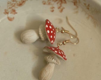 Red mushroom dangle earrings Toadstool polka dot jewelry