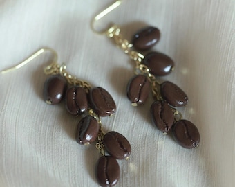 Coffee bean earrings dangle Handmade polymer clay food Coffee lover gift