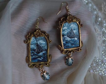 Sailboat earrings Stormy sea sailboat painting Gold vintage frame jewelry Nautical boat beach earrings