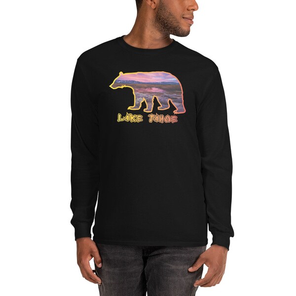 Lake Tahoe Bear Long Sleeve T Shirt - SLT Meadow Sunset - High Quality Heavy Duty Cotton