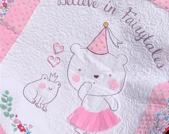 Girl quilt flower bear in tutu with frog