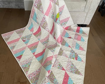 Pastel Floral Triangle Stripe Pieced Quilt handmade