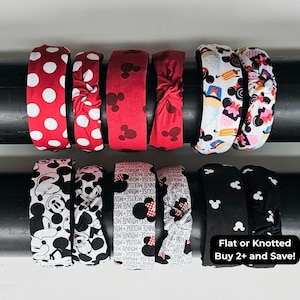 DISNEY KNOTTED HEADBANDS- Disney Mickey Minnie Mouse Inspired Knotted or Flat & Wide Headband Secured to Satin Lined Plastic Headband