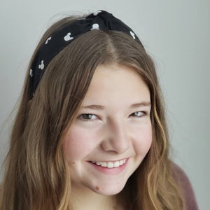 DISNEY KNOTTED HEADBANDS- Disney Mickey Minnie Mouse Inspired Knotted or Flat & Wide Headband Secured to Satin Lined Plastic Headband Blk/Wht Silhouette