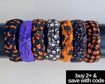 HALLOWEEN Womens KNOTTED HEADBANDS- Halloween October Fall Knotted Fabric Secured to Satin Lined Plastic Headband