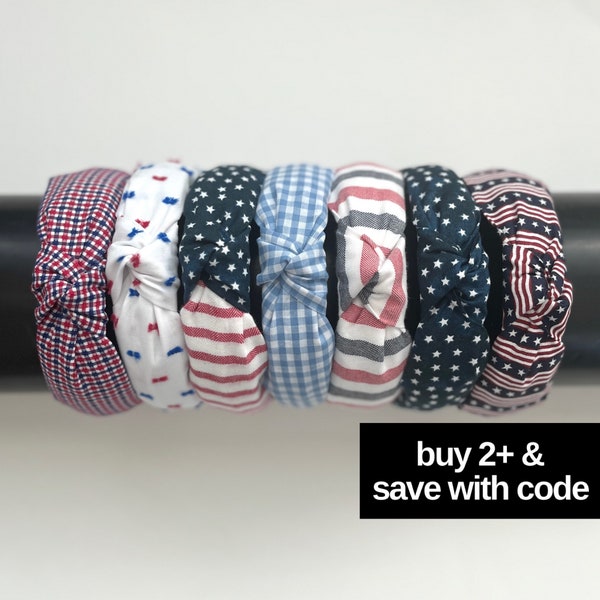 PATRIOTIC KNOTTED HEADBANDS- Independence Patriotic American Flag Knotted Fabric Secured to Satin Lined Plastic Headband for Women and Girls