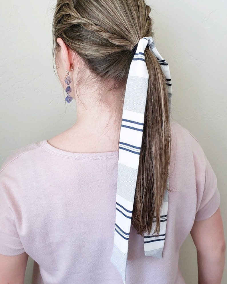 Long Tail Scarf Hair Tie Navy Stripe Long Tail Ponies Etsy