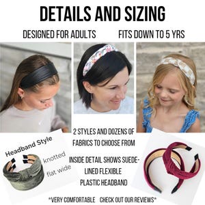 May include: A collection of headbands in various colors and patterns, including solid black, floral, and checkered designs. The headbands are available in knotted and flat wide styles, featuring a flexible plastic frame with a soft suede-like lining.