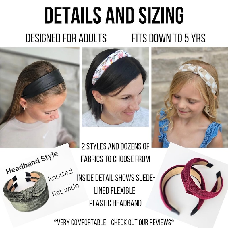 May include: A collection of headbands in various colors and patterns, including solid black, floral, and checkered designs. The headbands are available in knotted and flat wide styles, featuring a flexible plastic frame with a soft suede-like lining.