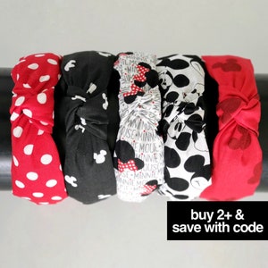 DISNEY KNOTTED HEADBANDS- Disney Mickey Minnie Mouse Inspired Knotted Headband Secured to Satin Lined Plastic Headband