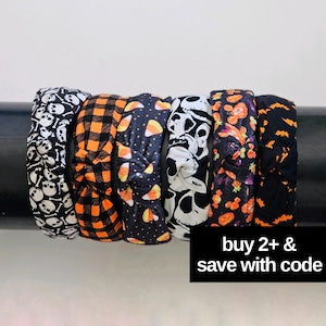 HALLOWEEN Womens KNOTTED HEADBANDS- Halloween October Fall Knotted Fabric Secured to Satin Lined Plastic Headband