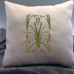 Dragonflies Pillow Arts and Crafts Art Deco William Morris Cattail Embroidered Pillow