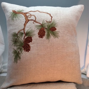 Pine Branch design Pillow Arts and Crafts Pinecones Needles Tree Branch Craftsman Bungalow Embroidered Pillows