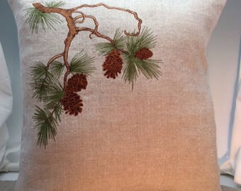 Pine Branch design Pillow Arts and Crafts Pinecones Needles Tree Branch Craftsman Bungalow Embroidered Pillows