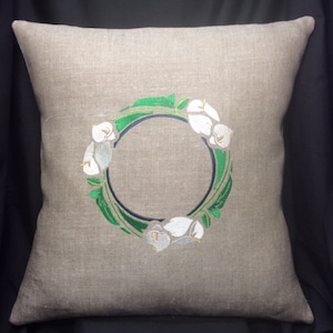 Peace Lily Pillow Embroidered Lily Pillow William Morris Arts and Crafts Mission American Craftsman White Lily Wreath