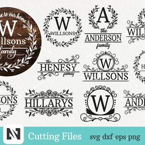 May include: A set of 10 black and white SVG cut files for creating personalized family name wreaths. The designs feature various fonts, floral wreaths, and the words "family", "welcome to our home", and "the".