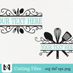 May include: Two black and white SVG cut files for a kitchen themed design. The first design features a decorative flourish with a spoon, fork, and knife. The second design features a spoon, spatula, and whisk with a decorative flourish. Both designs include the text "YOUR TEXT HERE".