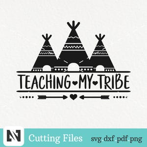 May include: Black and white graphic design with three teepees and the text "TEACHING MY TRIBE" with a heart between the words.  There is an arrow and dots on either side of the text.