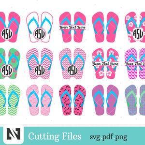 Puede incluir: Conjunto de 12 archivos de corte digital para manualidades. Los archivos presentan varios diseños de chanclas, incluyendo patrones florales, geométricos y monogramas. El texto "Your Text Here" aparece en algunas de las chanclas.