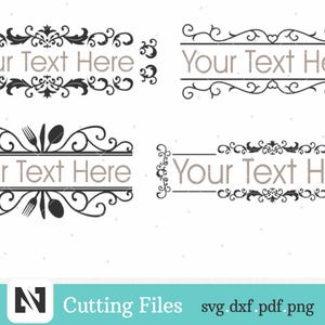Op de afbeelding: Vier verschillende zwarte en witte decoratieve tekstkaders met de tekst "Your Text Here" in elk kader. De kaders zijn gemaakt van sierlijke swirls en versieringen. Het onderste kader bevat een vork, mes en lepel.