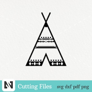 May include: Black and white silhouette of a teepee with geometric patterns. The teepee is a traditional dwelling used by Native American tribes.