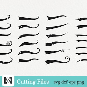 May include: A set of 20 black and white decorative flourish SVG cut files. The flourishes are in a variety of styles, including curved, straight, and swirly.