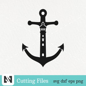 Peut inclure: Silhouette noire d'une ancre avec un phare au centre. L'ancre est un symbole nautique et le phare est un symbole de guidage et de sécurité.