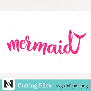 May include: Pink cursive text that reads "mermaid" with a pink mermaid tail to the right of the word.