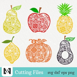 Bundle Mandala di frutta Svg, Mandala Svg, Mandala di zucca Svg, Mandala di pera Svg, Mandala di avocado Svg, Mandala di mela Svg, Mandala di limone Svg