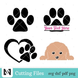 Op de afbeelding: Een verzameling digitale snijbestanden met een huisdierthema. De ontwerpen omvatten een pootafdruk, een pootafdruk met tekst, een pootafdruk in een hart en een cartoon honden gezicht. De tekst "Your Text Here" is inbegrepen.