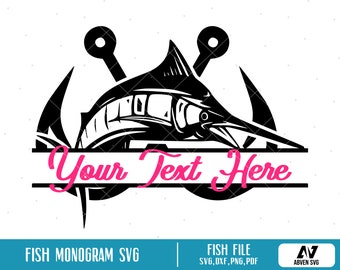 Fish Monogram Svg, Fishing Svg, Fishing Monogram Svg, Sailfish Svg, Fishing Logo Svg, Fish Hook Svg, Crossed Hook Svg, Svg Files for Cricut