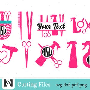 May include: Pink and black hair salon themed design elements, including a hairdryer, scissors, combs, and spray bottles. The design includes the text "Your Text" and a monogram "ASV".