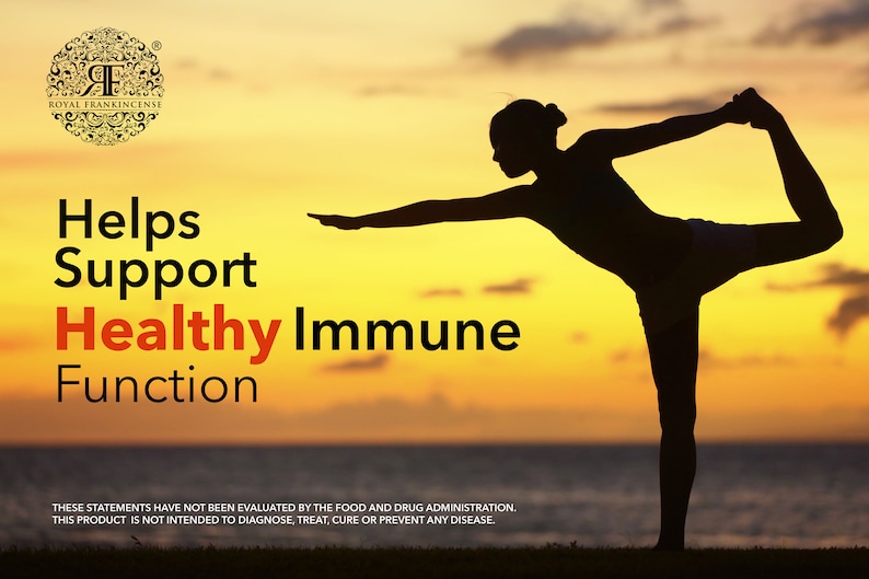 May include: Silhouette of a person doing yoga at sunset with the text "Helps Support Healthy Immune Function" and a disclaimer that the statements have not been evaluated by the Food and Drug Administration and the product is not intended to diagnose, treat, cure or prevent any disease.