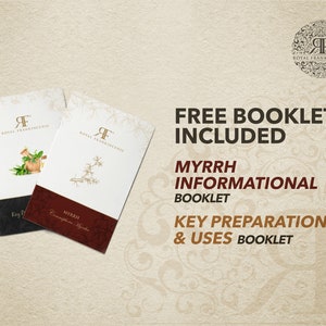 May include: Two white book covers with the text "Royal Frankincense" and a logo of a stylized "R" in a circle. The book covers are titled "Myrrh" and feature illustrations of plants. The text "FREE BOOKLETS INCLUDED" is displayed in large letters above the text "MYRRH INFORMATIONAL BOOKLET" and "KEY PREPARATIONS & USES BOOKLET".
