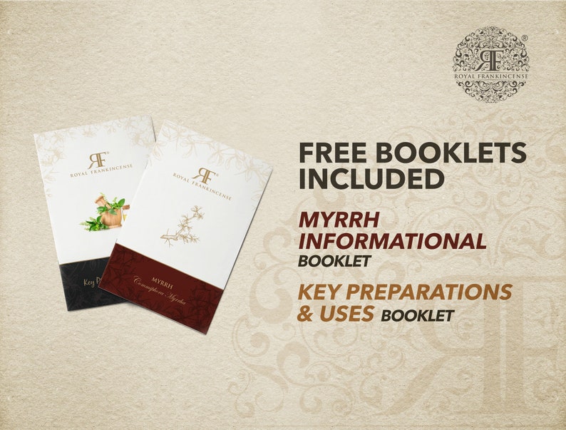 May include: Two white book covers with the text "Royal Frankincense" and a logo of a stylized "R" in a circle. The book covers are titled "Myrrh" and feature illustrations of plants. The text "FREE BOOKLETS INCLUDED" is displayed in large letters above the text "MYRRH INFORMATIONAL BOOKLET" and "KEY PREPARATIONS & USES BOOKLET".