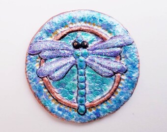 totem power animal pendant talisman amulet charms Dragonfly Pendant Necklace Blues Greens and purple recycled paper