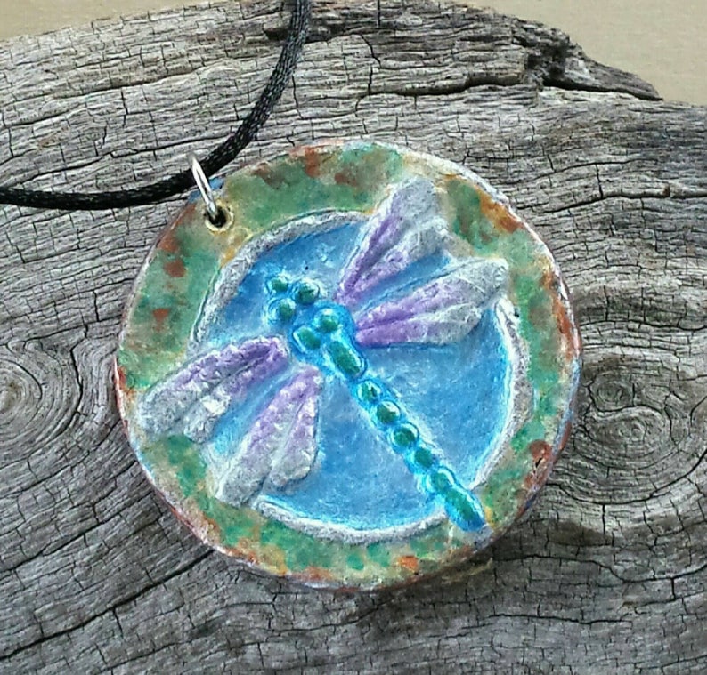 totem power animal pendant talisman amulet charms Dragonfly Pendant Necklace Blues Greens and purple recycled paper