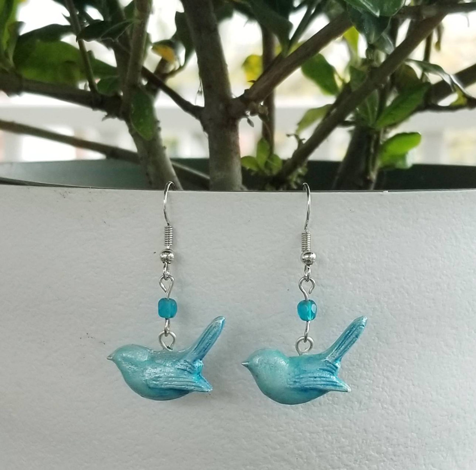Blue Bird Dangle Earrings, Teal Blue Glass Beads, Bird Lover, Gift for Birdwatcher, Bluebird