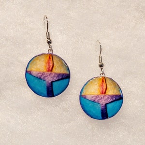 Flaming Chalice Earrings, UU Gift, Chalice Jewelry, Round Blue Purple Handmade Recycled Paper Unitarian Universalist Spiritual Symbol