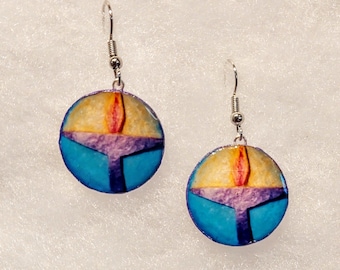 Pendientes de cáliz llameante hechos a mano, papel reciclado, regalo UU, Unitarian Universalis, láminas artísticas redondas pequeñas, joyería espiritual, envío desde EE. UU.