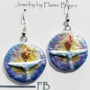 Flaming Chalice Round Blue Purple Disc Dangle Earrings Handmade Recycled Paper Mache Art Unitarian Universalist Religious Spiritual Symbol