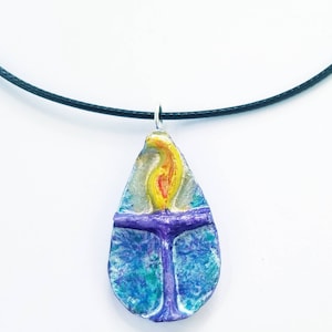 Flaming Chalice Necklace, Miniature Art Pendant, Coming Of Age Gift, Unitarian Universalist Jewelry, Purple Chalice, Teardrop, Eco friendly