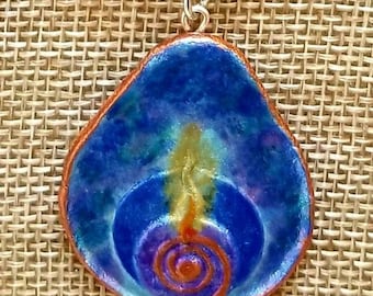 Flaming Spiral Chalice Teardrop Pendant Necklace Handmade Recycled Paper Mache Art UU Unitarian Universalist Religious Spiritual Symbol