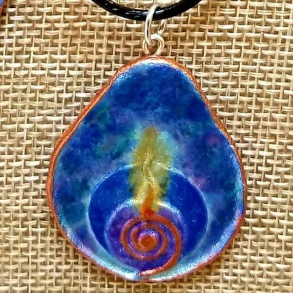 Flaming Spiral Chalice Teardrop Pendant Necklace Handmade Recycled Paper Mache Art UU Unitarian Universalist Religious Spiritual Symbol