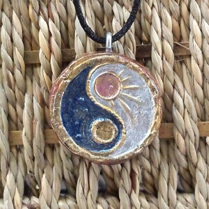 Yin Yang Necklace Pendant, Sun Moon, Handmade, Round Disc, Unisex, Zen Art, Yoga Gift, Blue, Silver, Gold, Copper, Meditation, Paper Jewelry