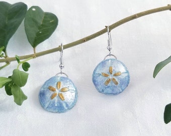 Sea Shell Sand Dollar Aretes Blue Purple Gold Light Weight Recycled Paper Mache PaperLightDesign