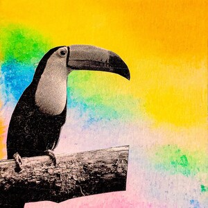 Impresión artística en acuarela de un divertido tucán multicolor
